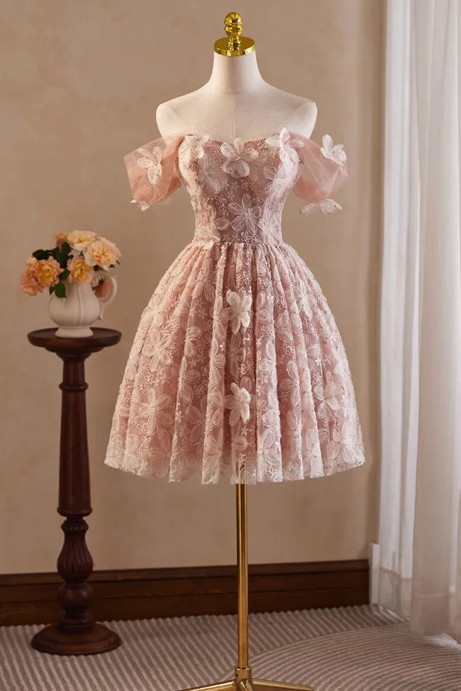 Pink Vintage Off the Shoulder Flower Appliques Homecoming Dress