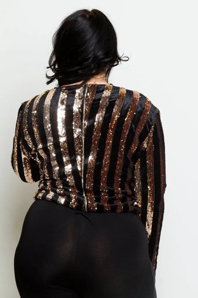 Plus Size Soft Velvet Sparkling Sequin Stripe Top [SALE]
