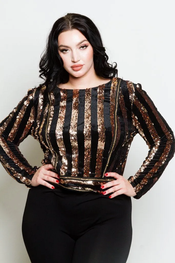 Plus Size Soft Velvet Sparkling Sequin Stripe Top [SALE]