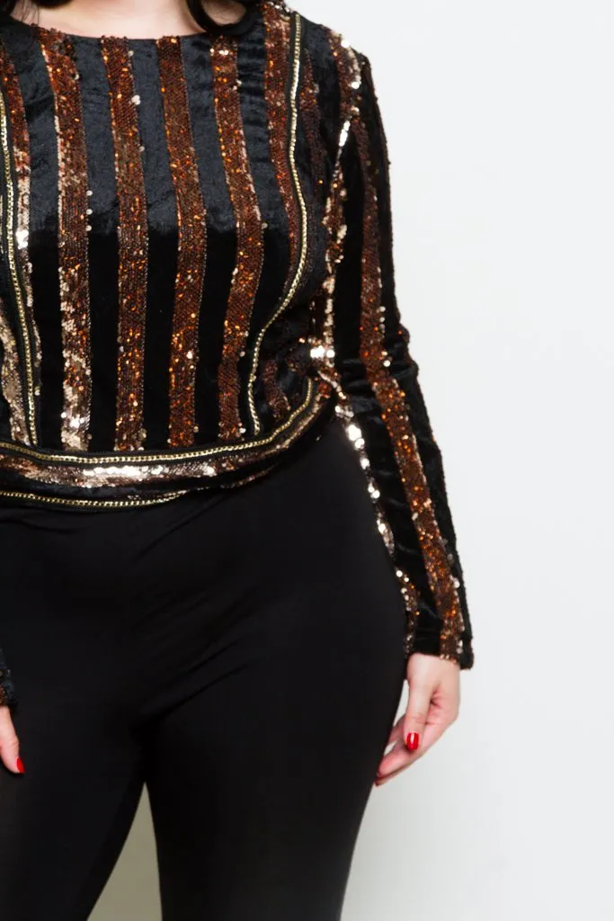 Plus Size Soft Velvet Sparkling Sequin Stripe Top [SALE]