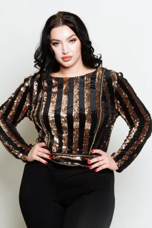 Plus Size Soft Velvet Sparkling Sequin Stripe Top [SALE]