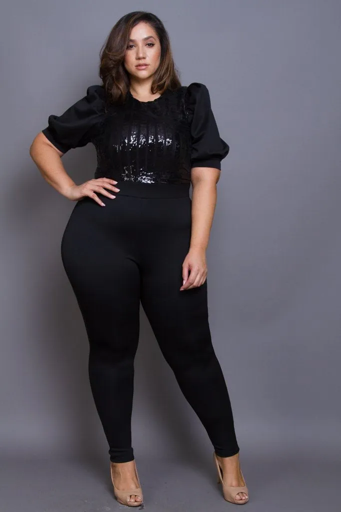 Plus Size Sparkling Sequin Bubble Sleeve Jumpsuit [SALE]