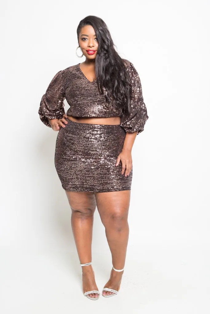 Plus Size Sparkling Sequin Crop Top Mini Skirt Set [SALE]
