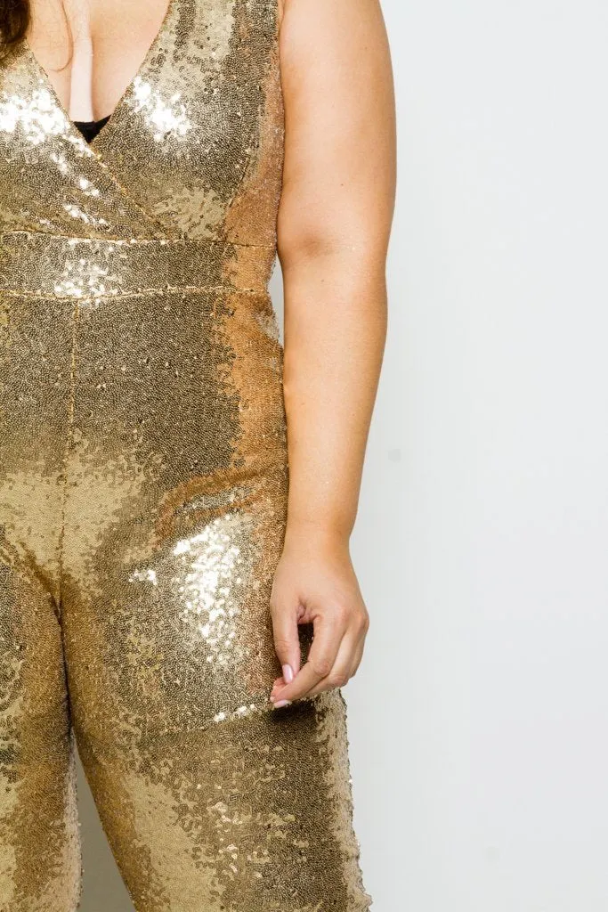 Plus Size V-neck Sparkling Sequin Jumpsuit