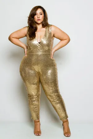 Plus Size V-neck Sparkling Sequin Jumpsuit