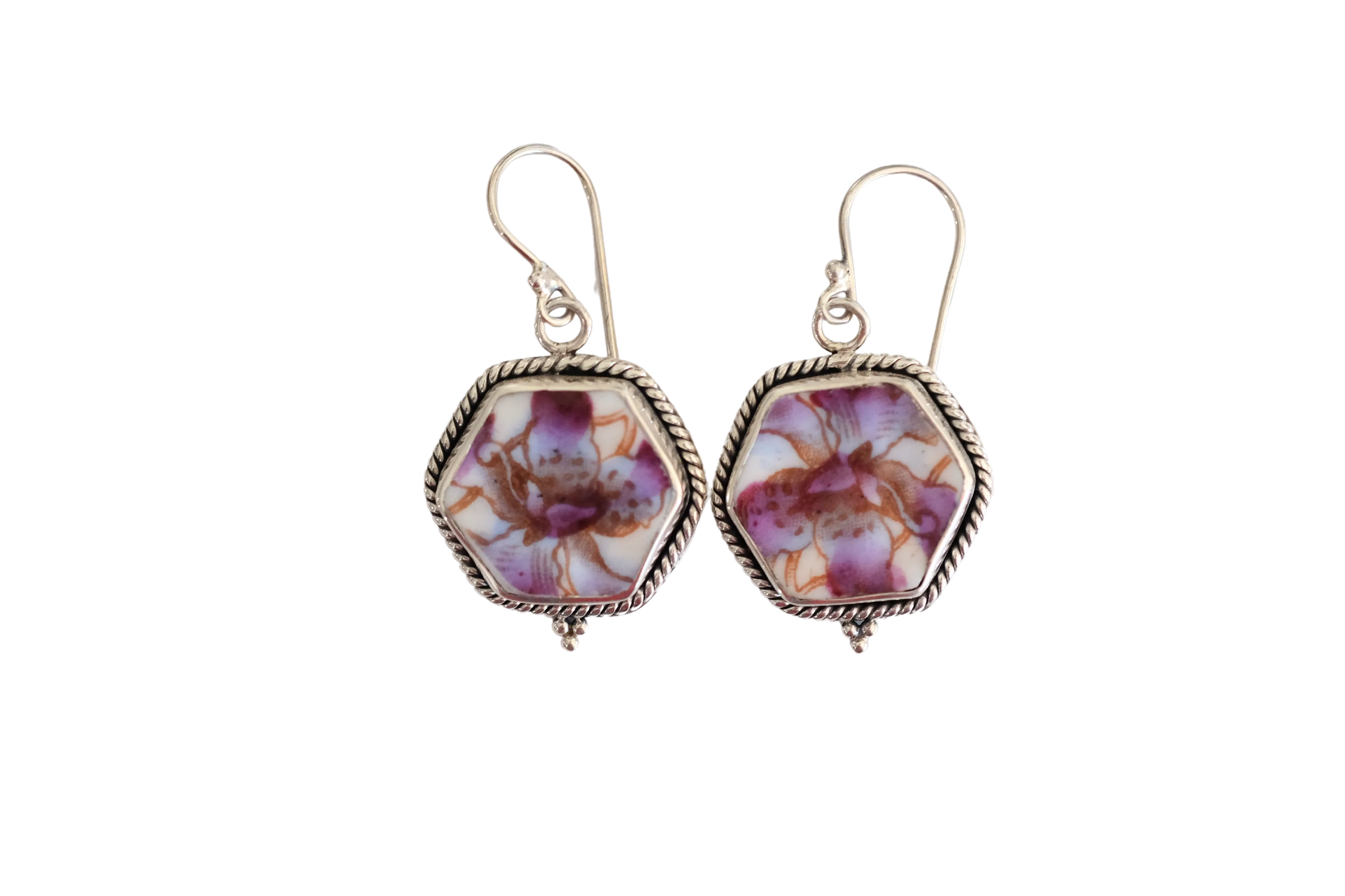 Purple Floral Hexagon Earrings