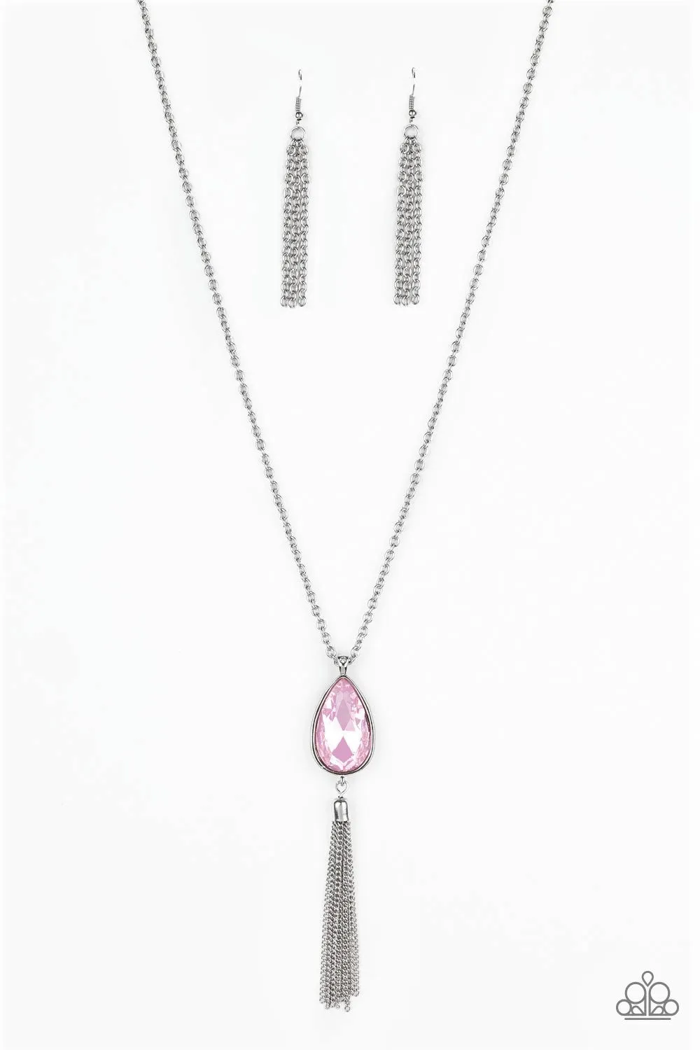 "Elite Shine" Silver Metal  Teardrop Pink Faceted Rhinestone Tassel Necklace Set