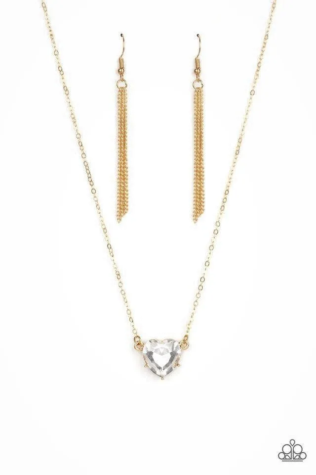 "She Works Heart For The Money" Gold Metal White Rhinestone Heart Necklace Set
