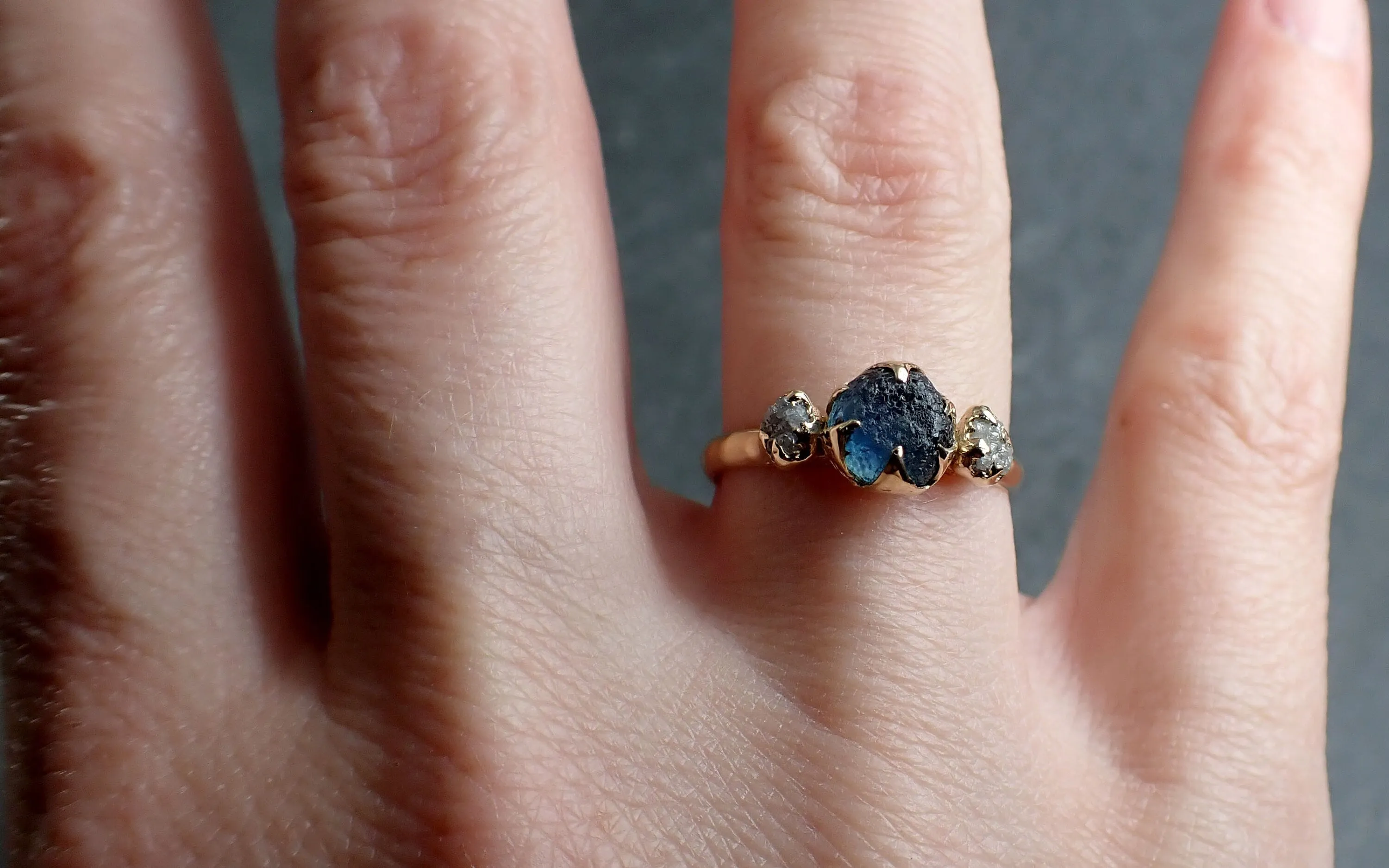 raw blue sapphire rough diamond 14k gold engagement ring wedding ring custom one of a kind gemstone ring three stone byangeline 3046 Alternative Engagement