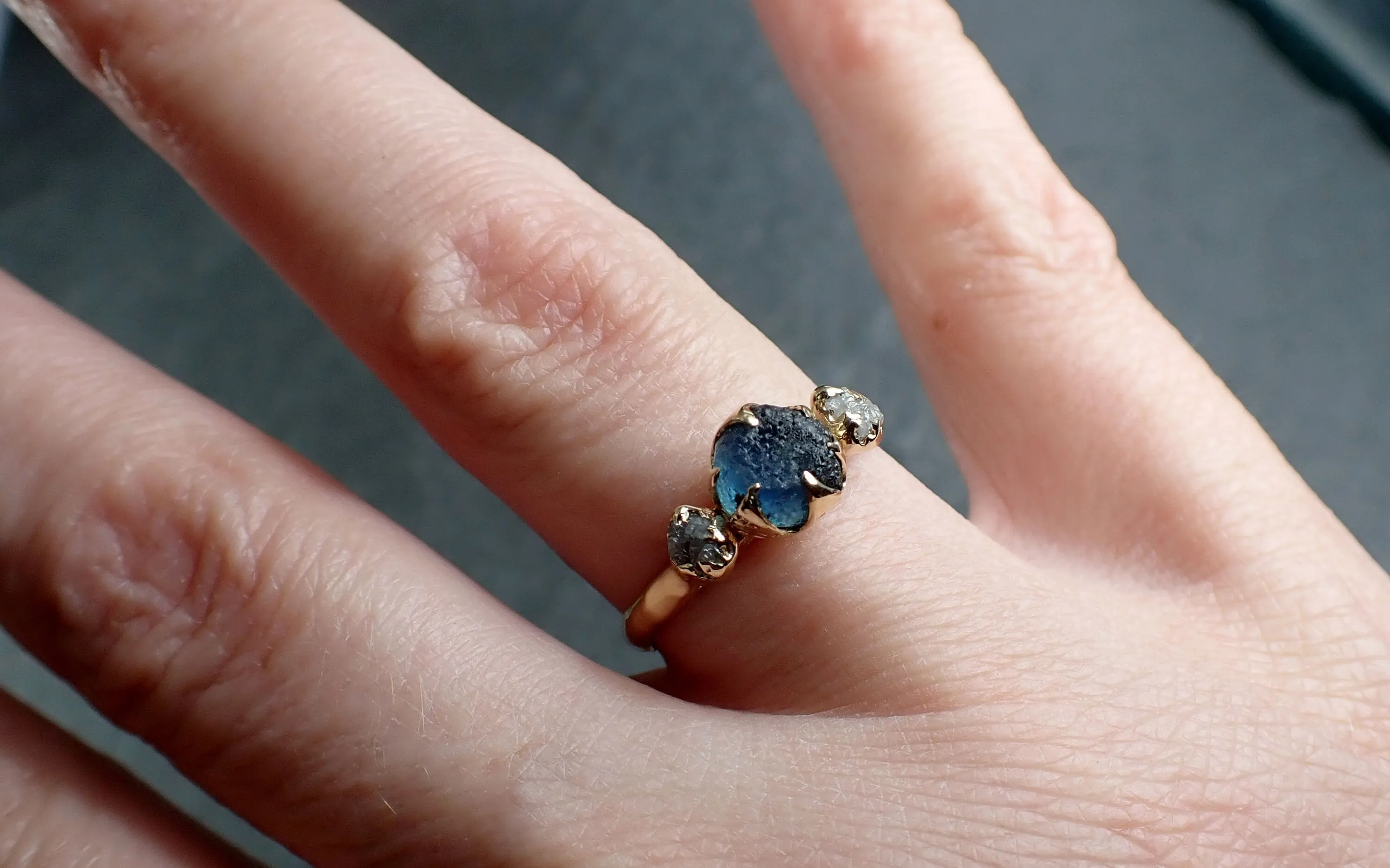 raw blue sapphire rough diamond 14k gold engagement ring wedding ring custom one of a kind gemstone ring three stone byangeline 3046 Alternative Engagement