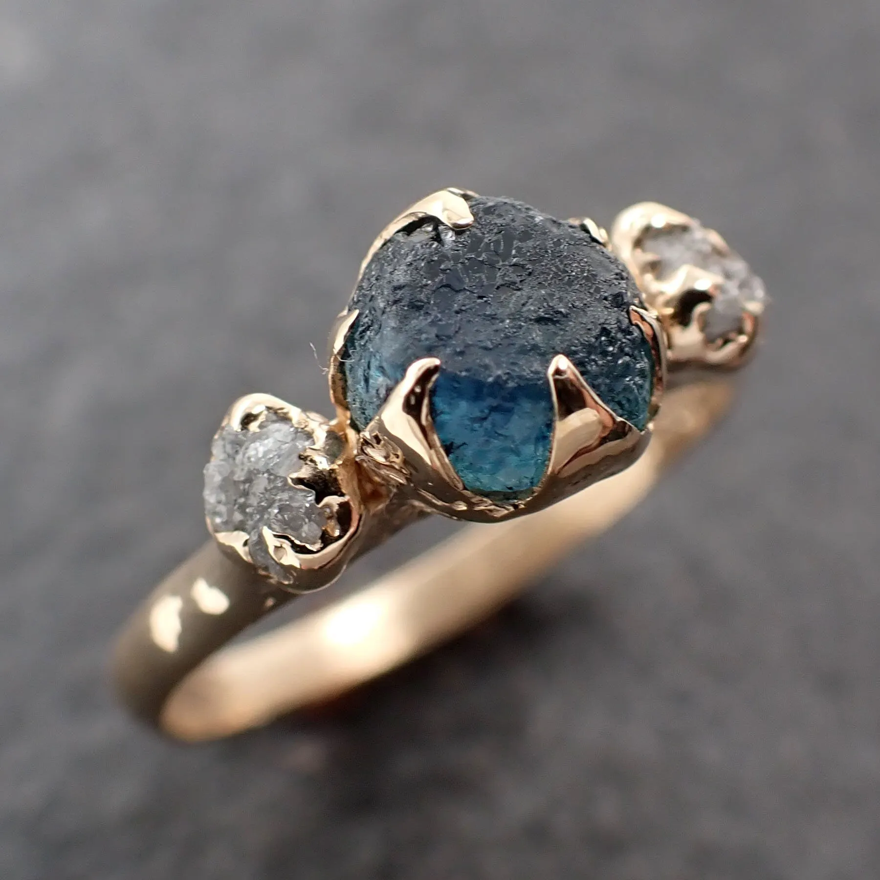 raw blue sapphire rough diamond 14k gold engagement ring wedding ring custom one of a kind gemstone ring three stone byangeline 3046 Alternative Engagement