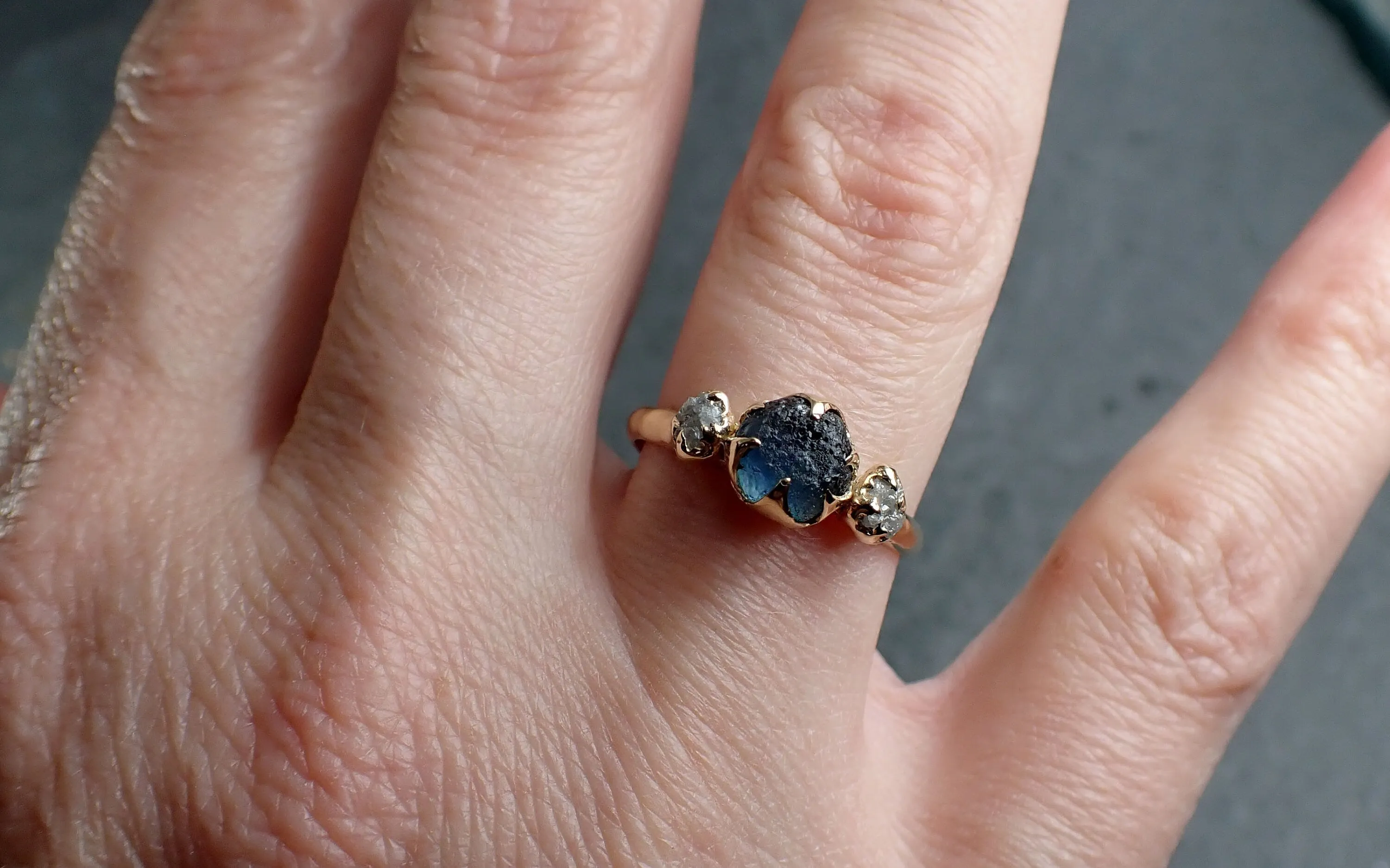 raw blue sapphire rough diamond 14k gold engagement ring wedding ring custom one of a kind gemstone ring three stone byangeline 3046 Alternative Engagement