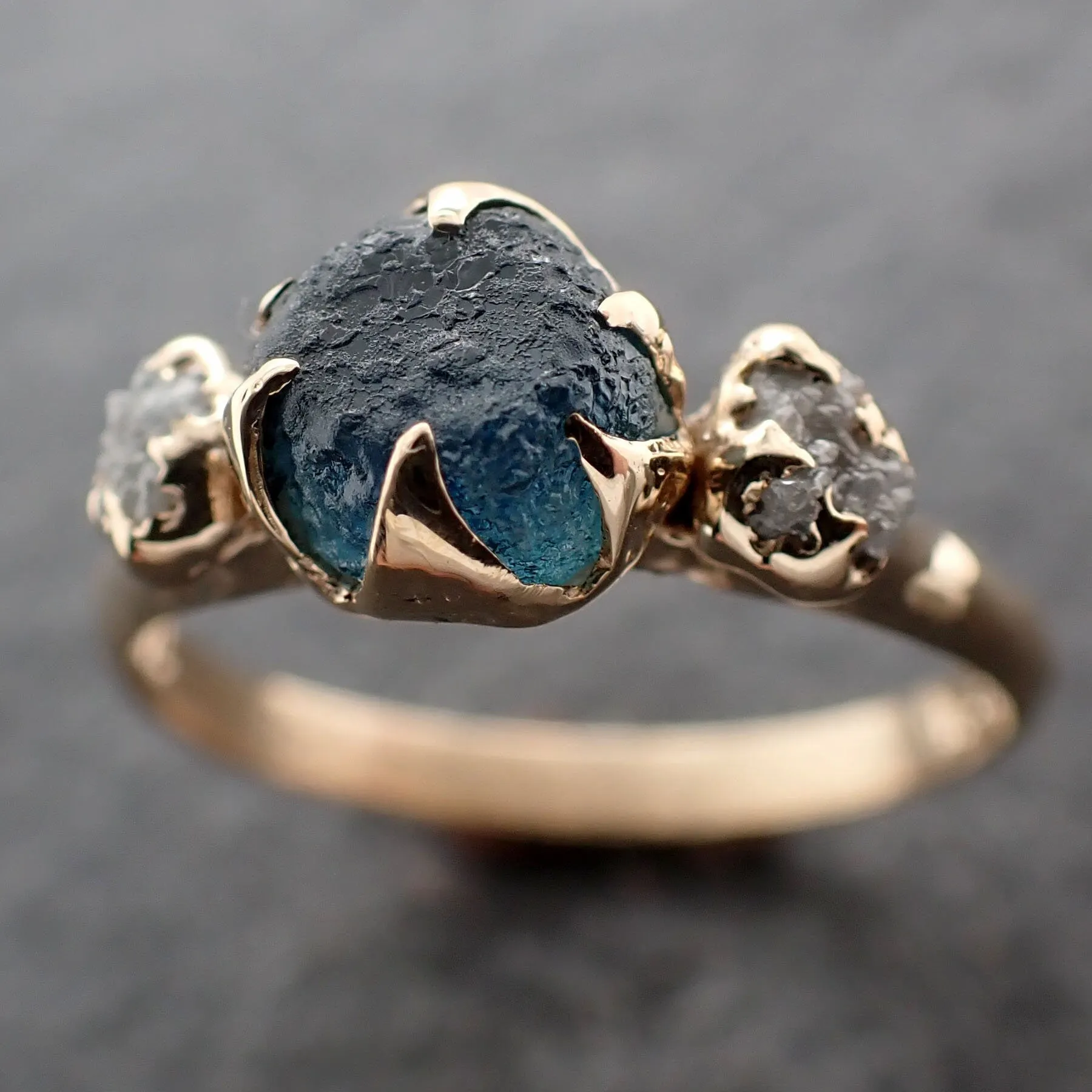 raw blue sapphire rough diamond 14k gold engagement ring wedding ring custom one of a kind gemstone ring three stone byangeline 3046 Alternative Engagement