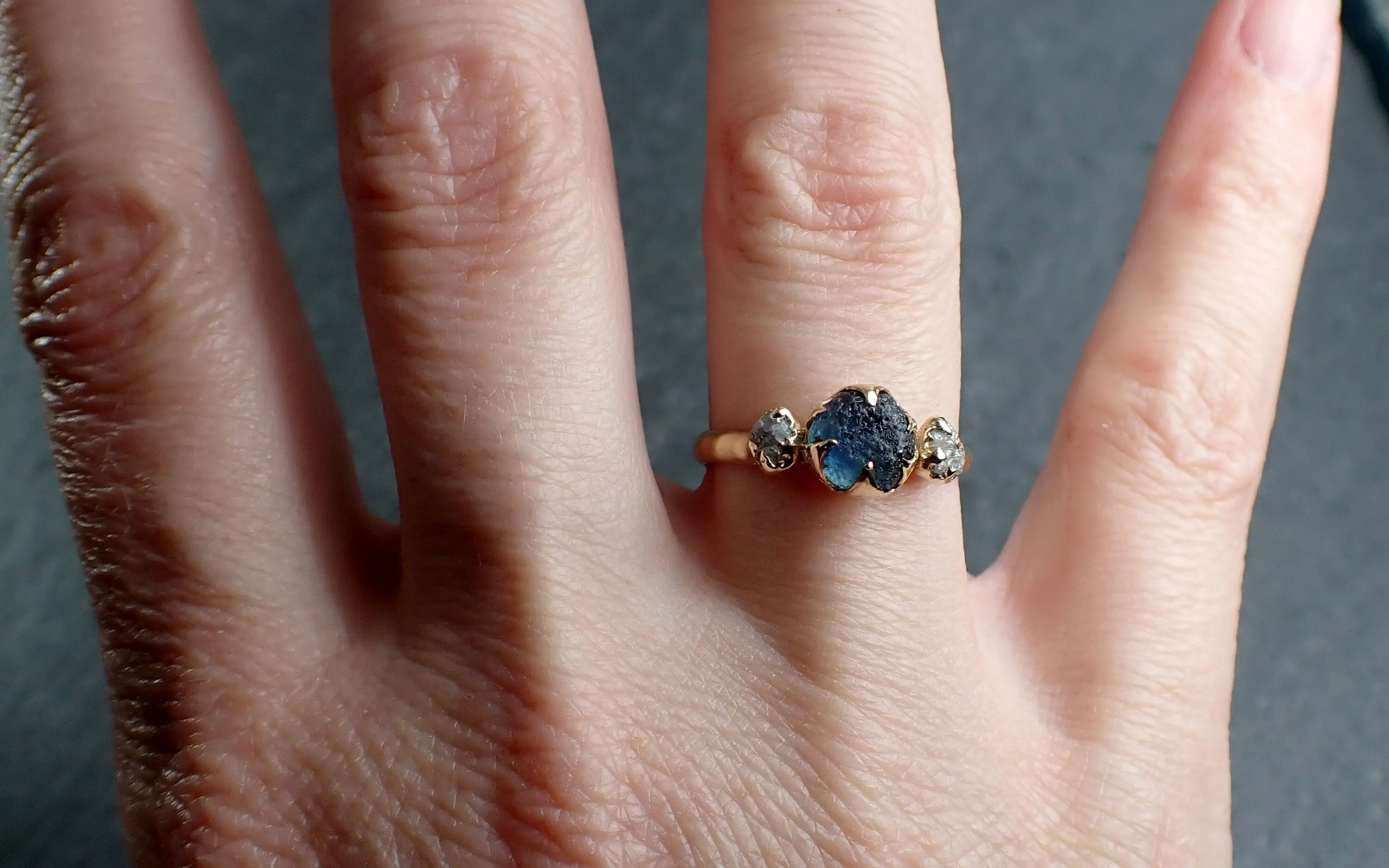 raw blue sapphire rough diamond 14k gold engagement ring wedding ring custom one of a kind gemstone ring three stone byangeline 3046 Alternative Engagement