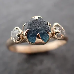 raw blue sapphire rough diamond 14k gold engagement ring wedding ring custom one of a kind gemstone ring three stone byangeline 3046 Alternative Engagement