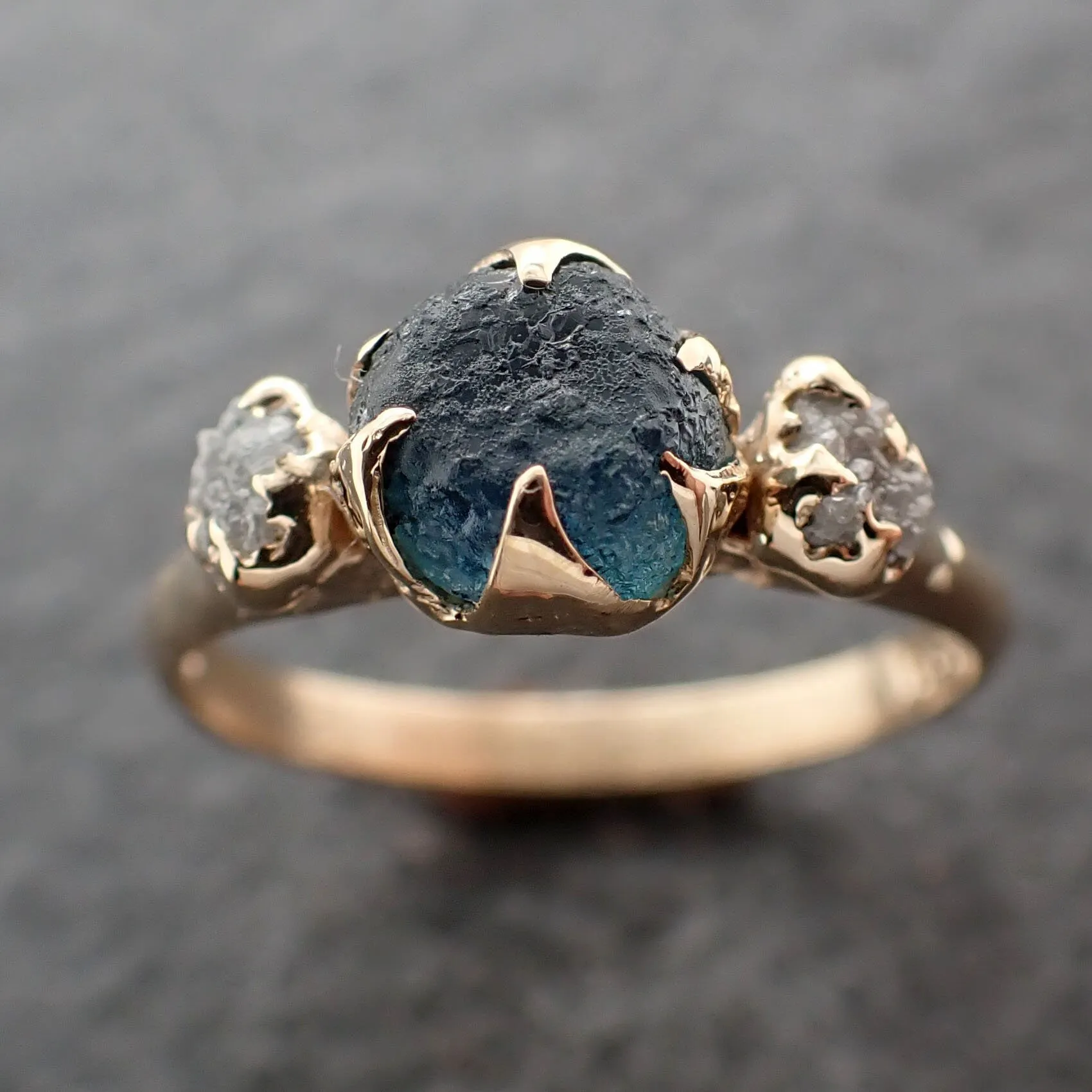 raw blue sapphire rough diamond 14k gold engagement ring wedding ring custom one of a kind gemstone ring three stone byangeline 3046 Alternative Engagement