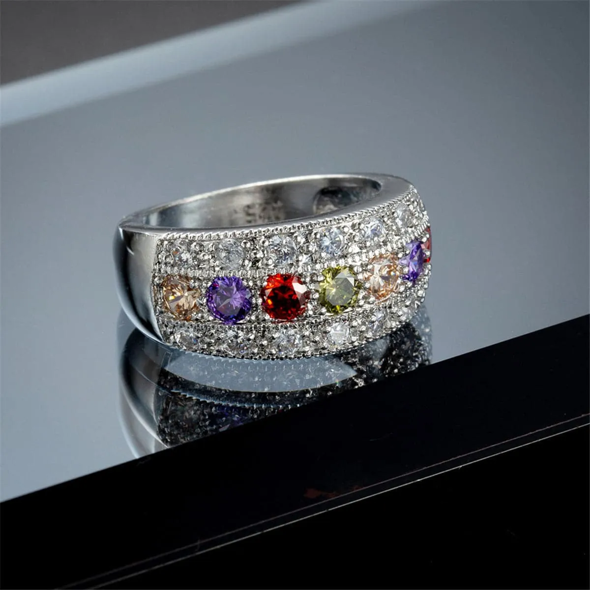 Red Crystal & Silver-Plated Band Ring