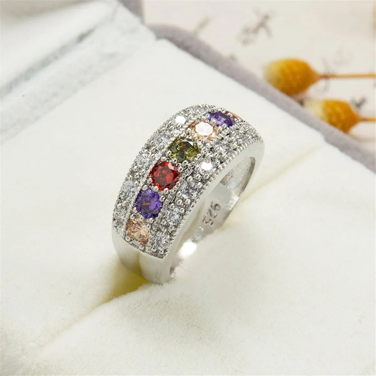 Red Crystal & Silver-Plated Band Ring