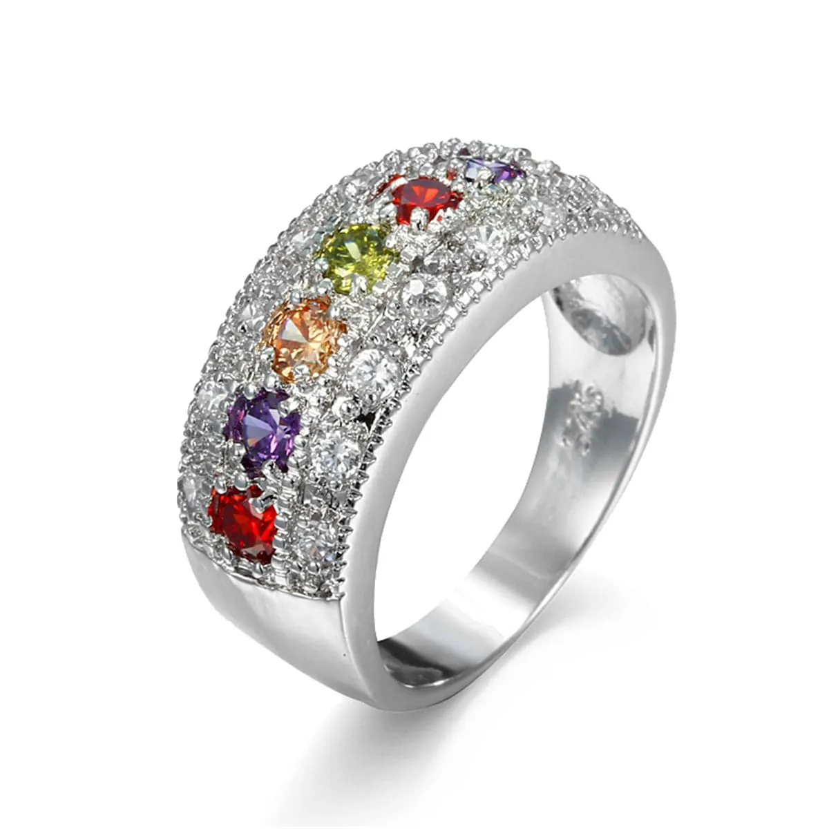 Red Crystal & Silver-Plated Band Ring