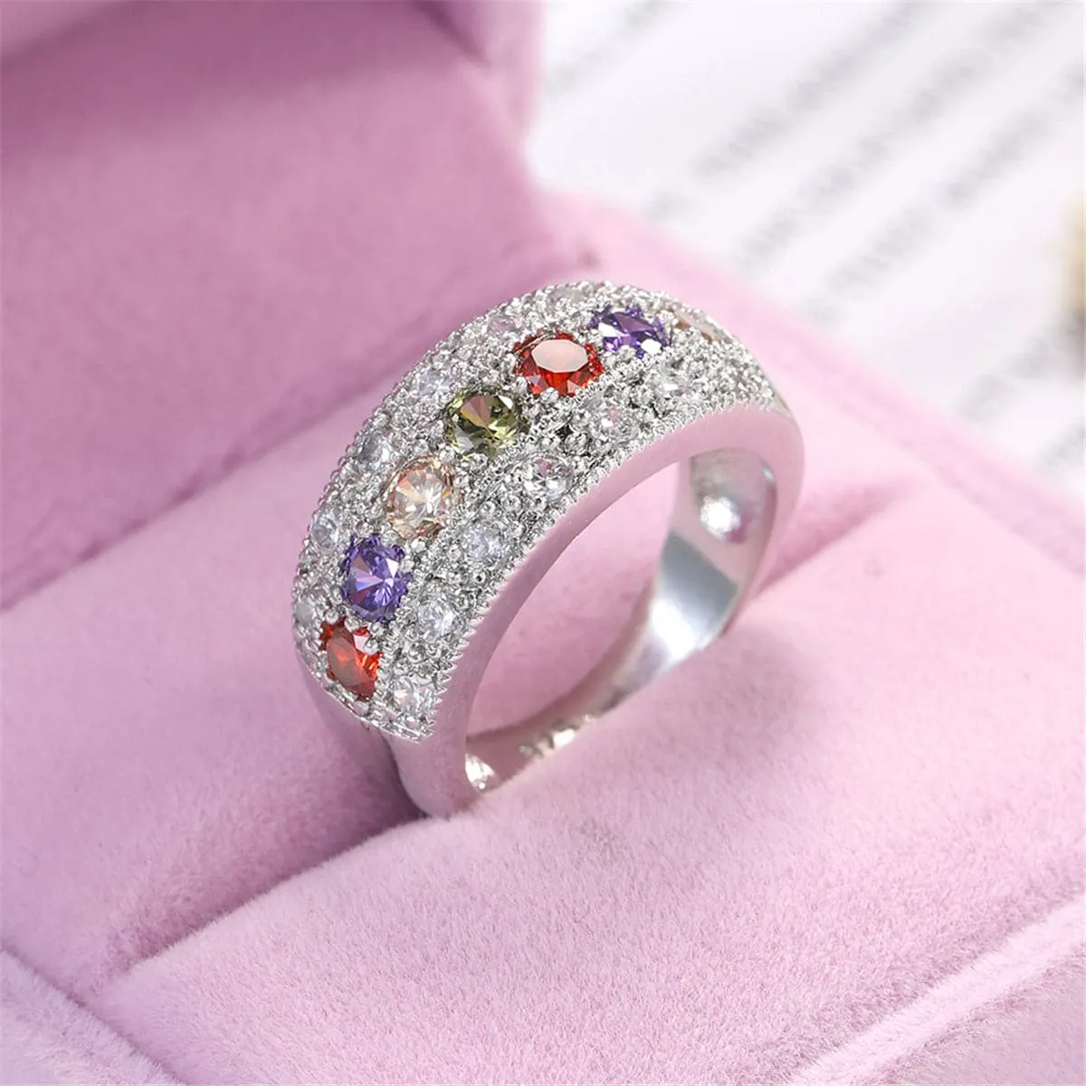 Red Crystal & Silver-Plated Band Ring