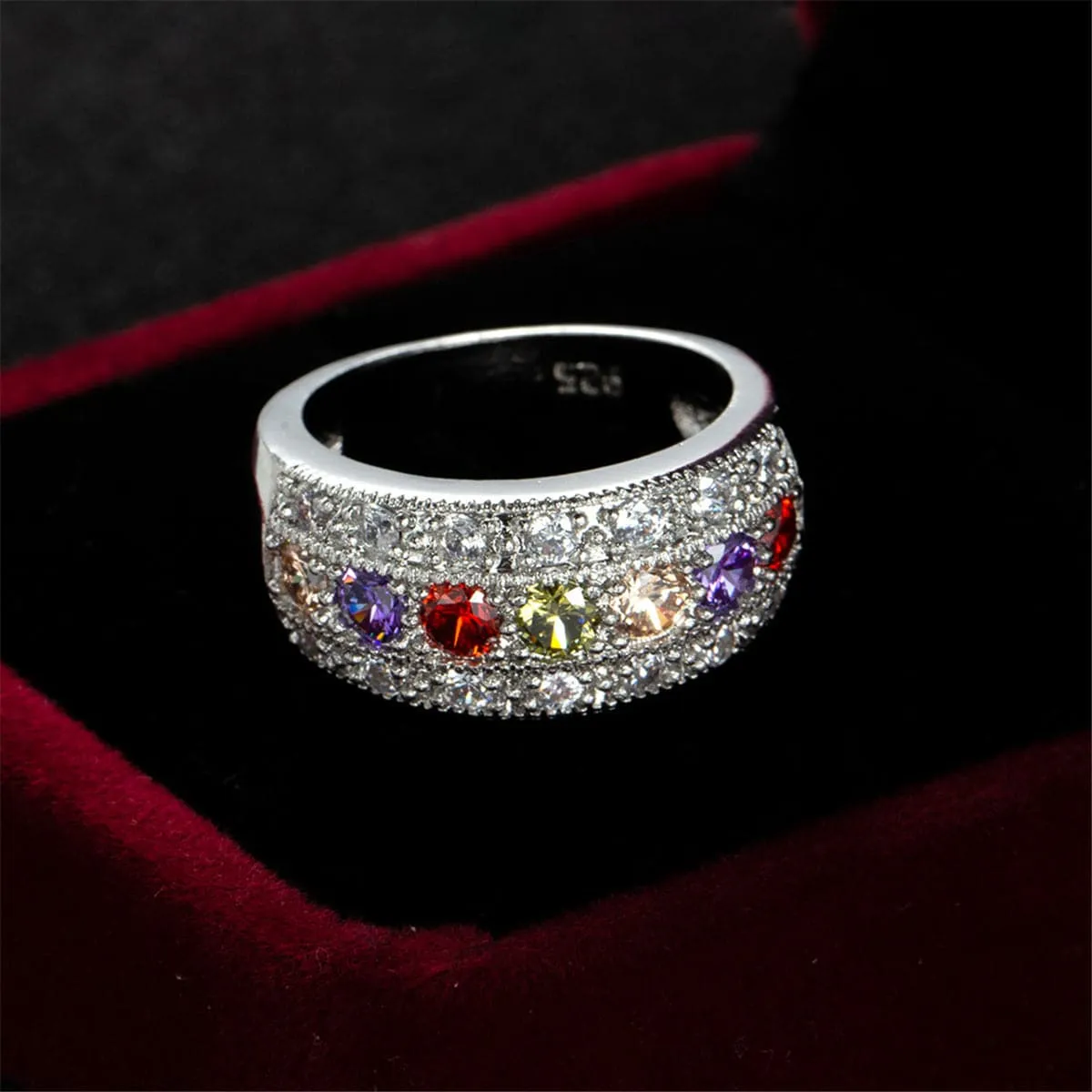 Red Crystal & Silver-Plated Band Ring