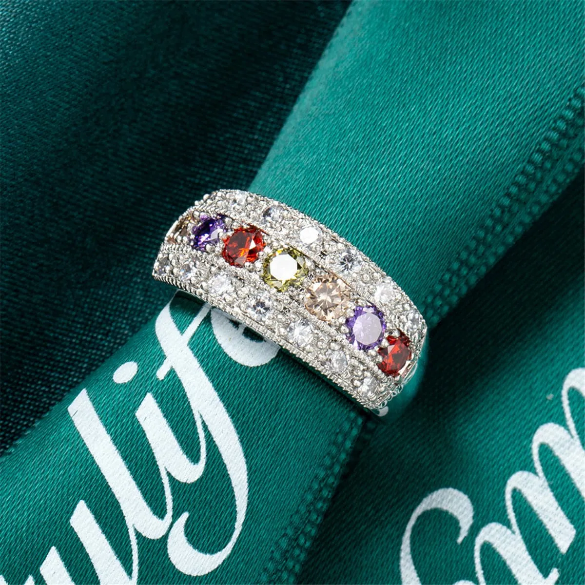 Red Crystal & Silver-Plated Band Ring