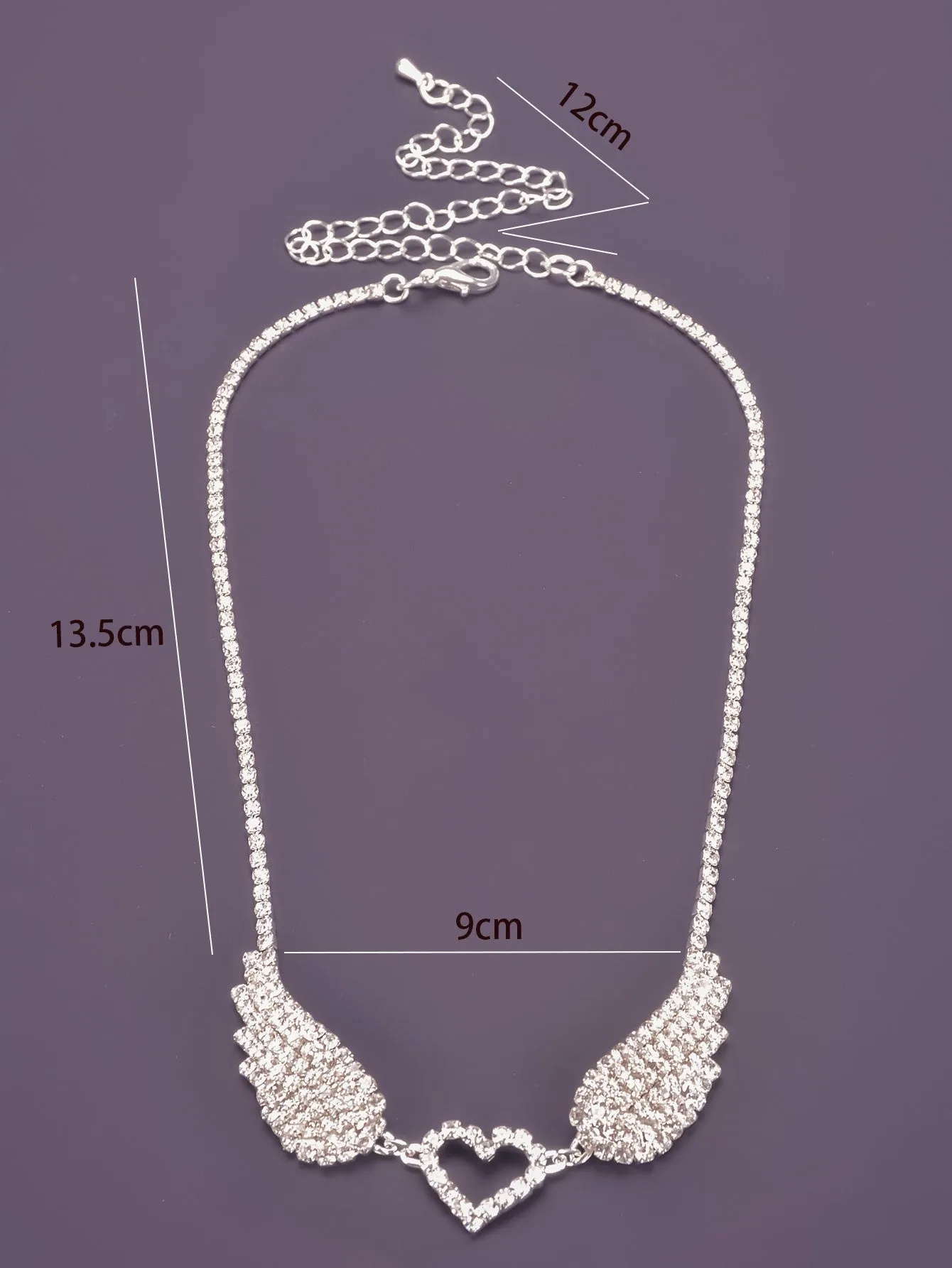 Rhinestone Heart & Wing Decor Necklace - Silver