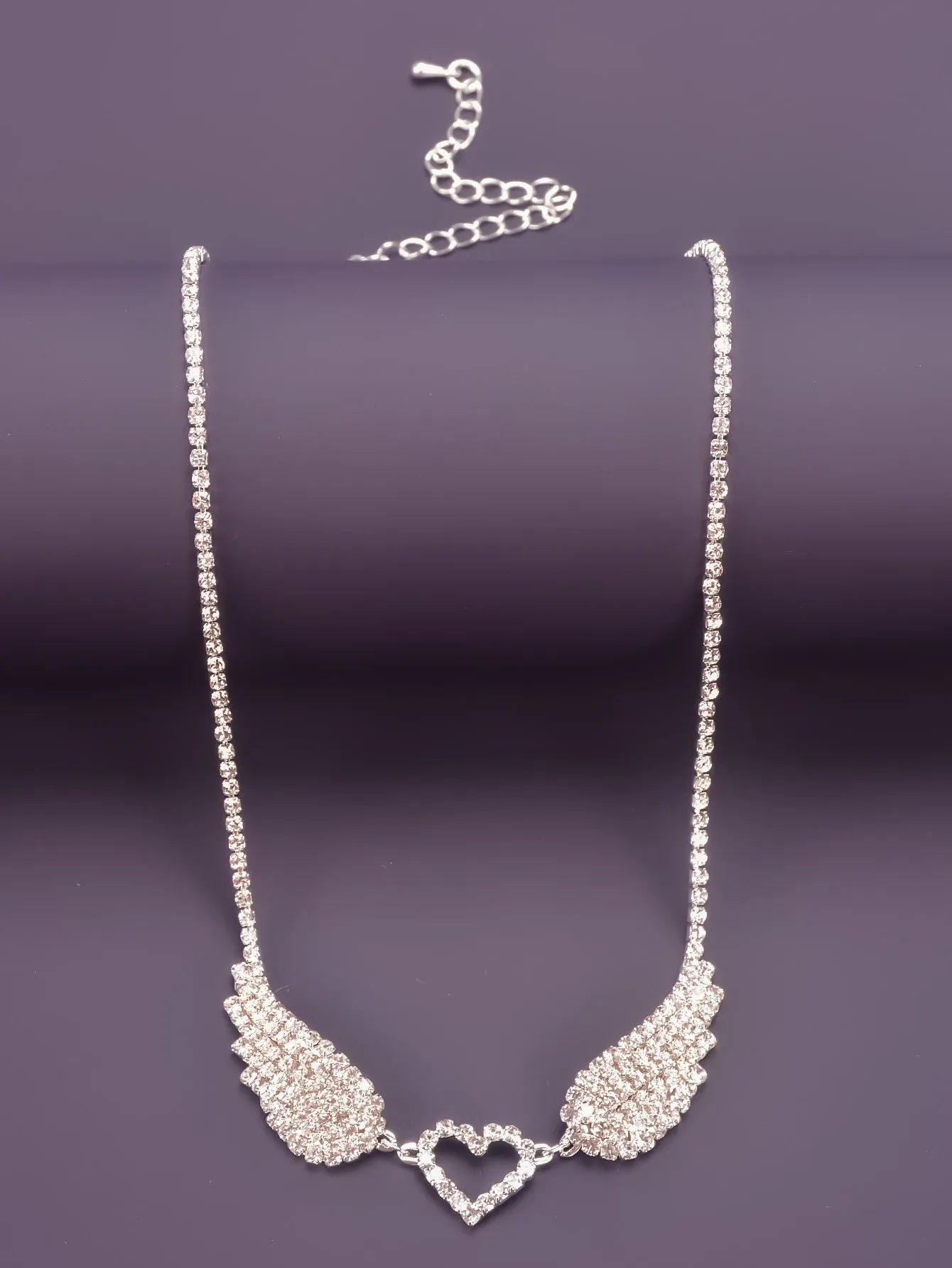 Rhinestone Heart & Wing Decor Necklace - Silver