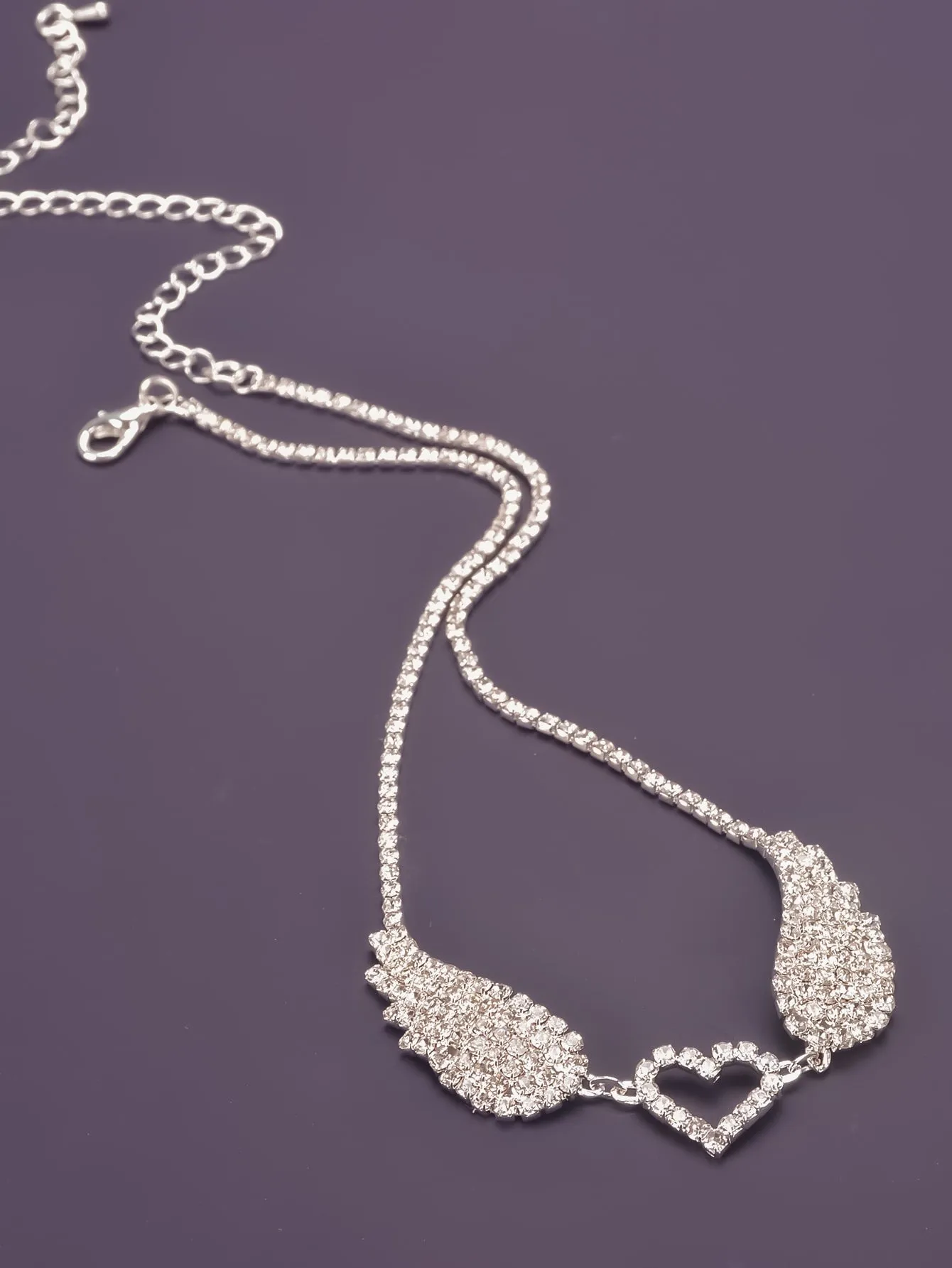 Rhinestone Heart & Wing Decor Necklace - Silver