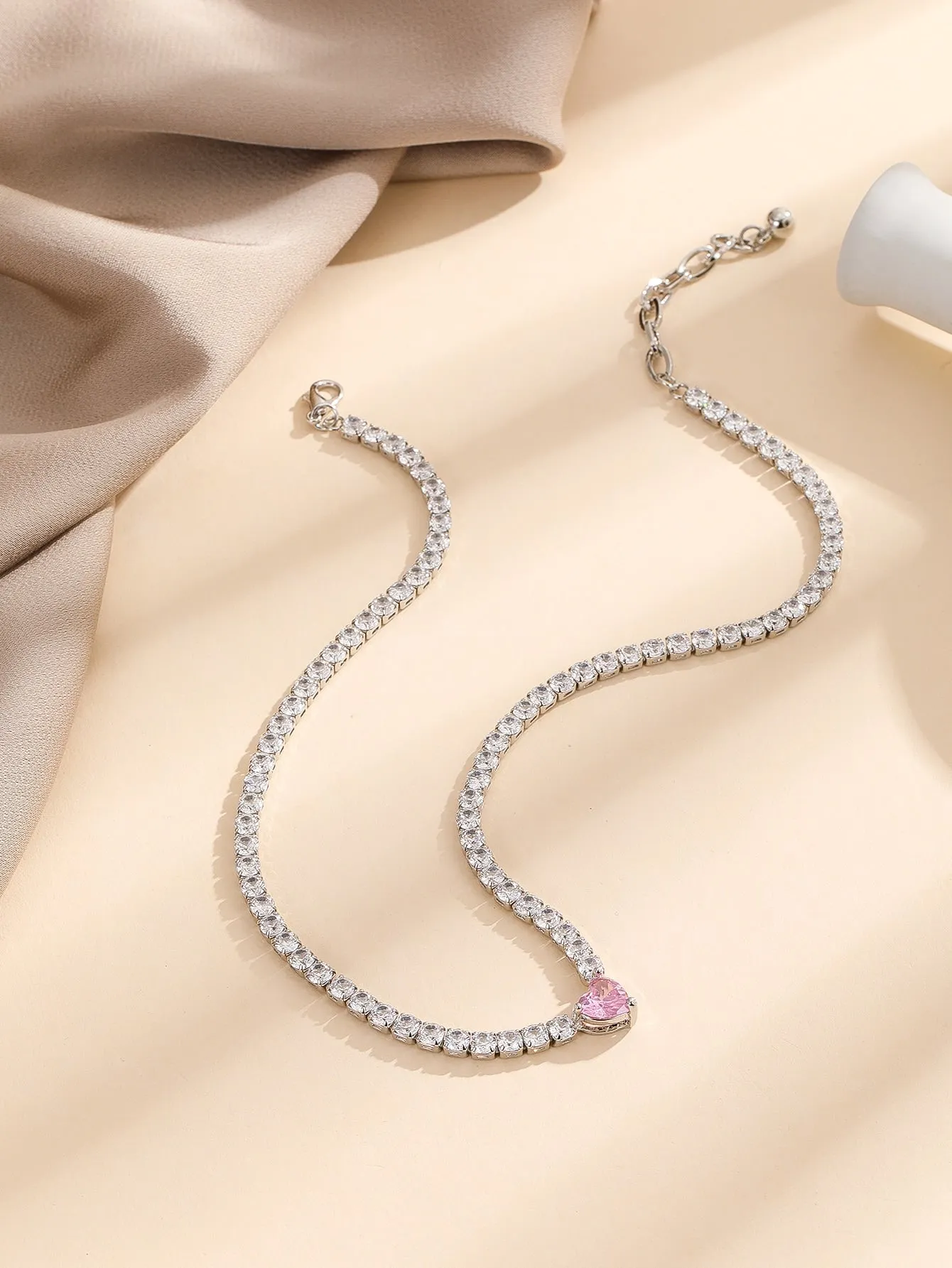 Rhinestone Heart Charm Necklace - Silver