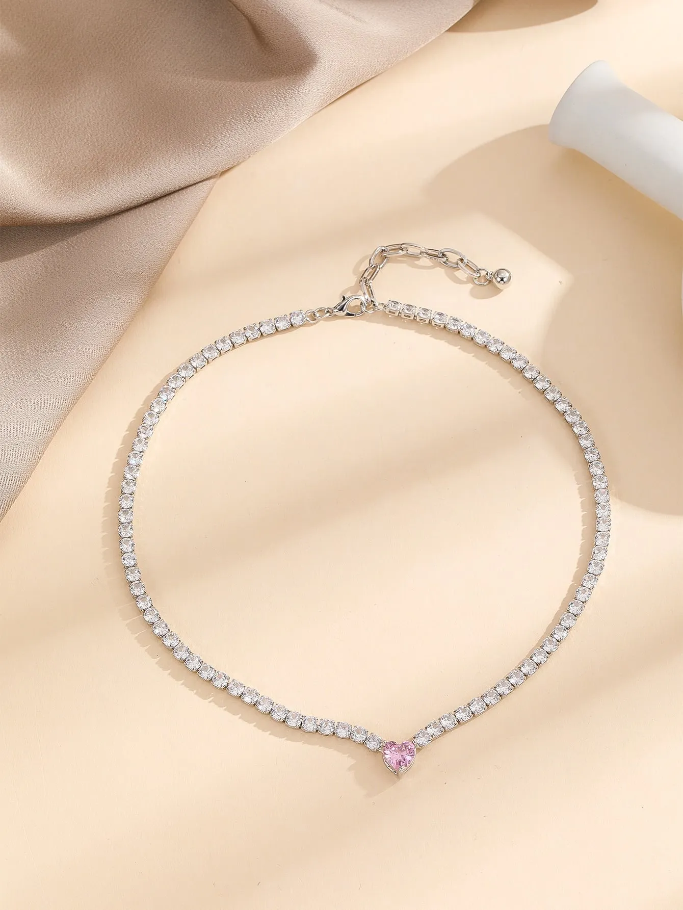 Rhinestone Heart Charm Necklace - Silver