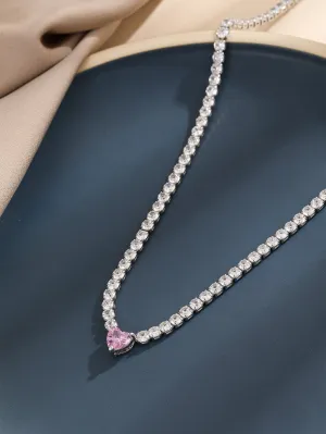 Rhinestone Heart Charm Necklace - Silver