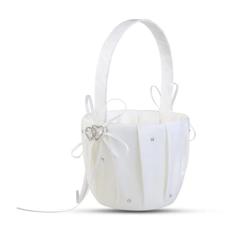 Romantic Bowknot White Satin Wedding Ceremony Party Flower Girl Basket