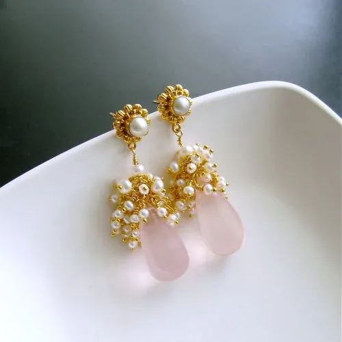 Rose Quartz Seed Pearl Cluster Earrings - Pétales de Rose II Earrings