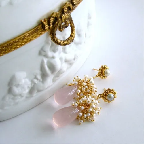 Rose Quartz Seed Pearl Cluster Earrings - Pétales de Rose II Earrings