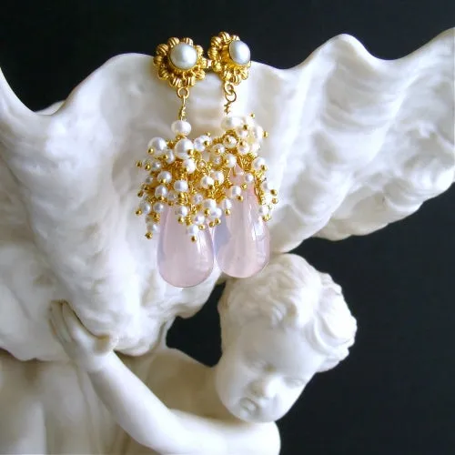 Rose Quartz Seed Pearl Cluster Earrings - Pétales de Rose II Earrings