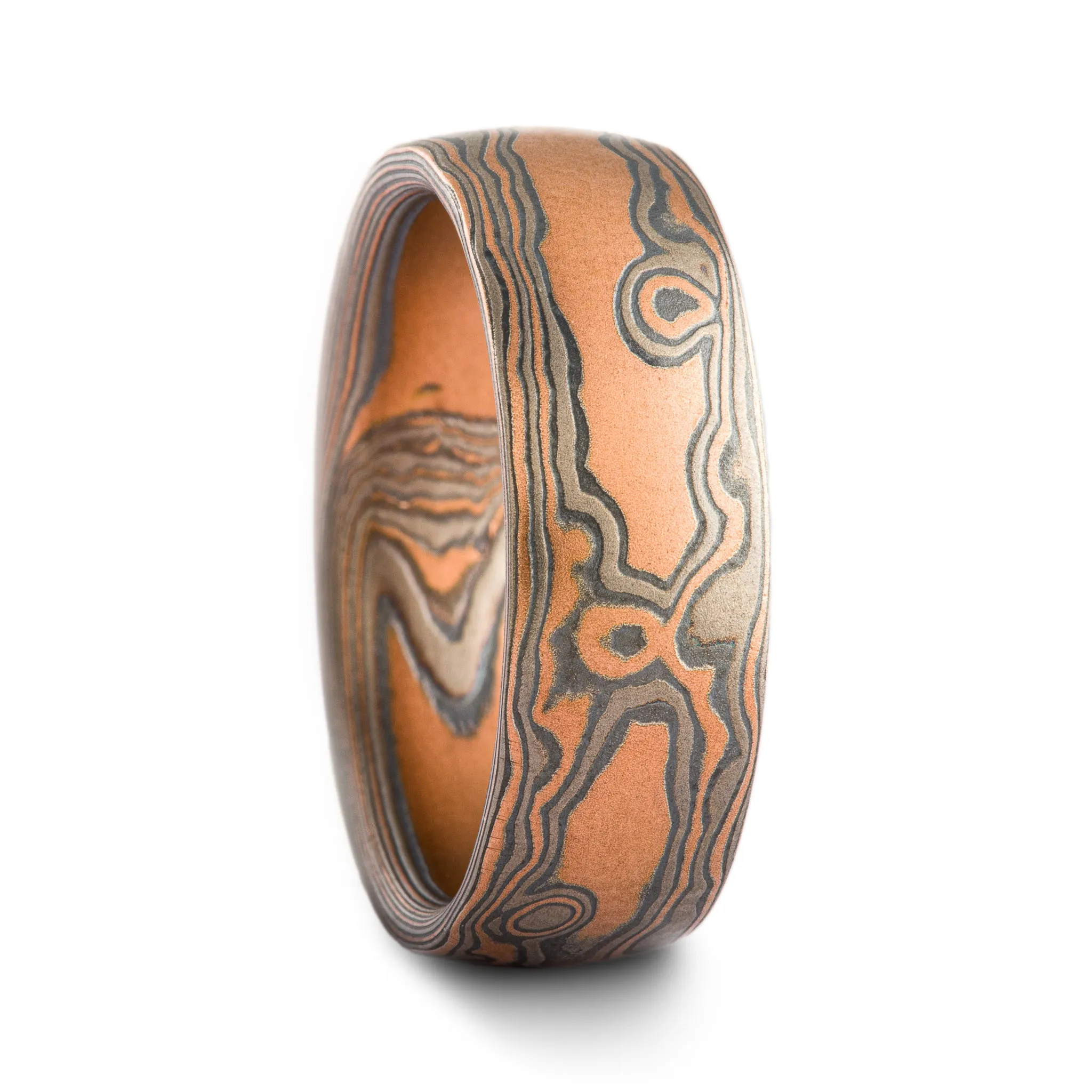 Rugged Woodgrain Mokume Gane Ring or Wedding Band in Embers Palette