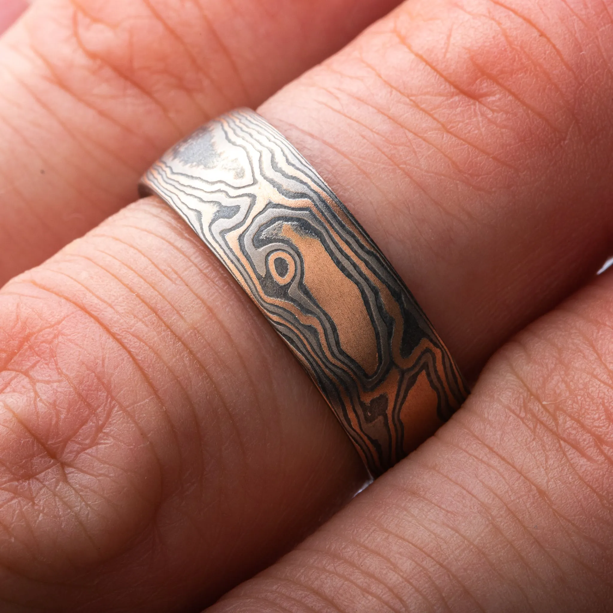 Rugged Woodgrain Mokume Gane Ring or Wedding Band in Embers Palette