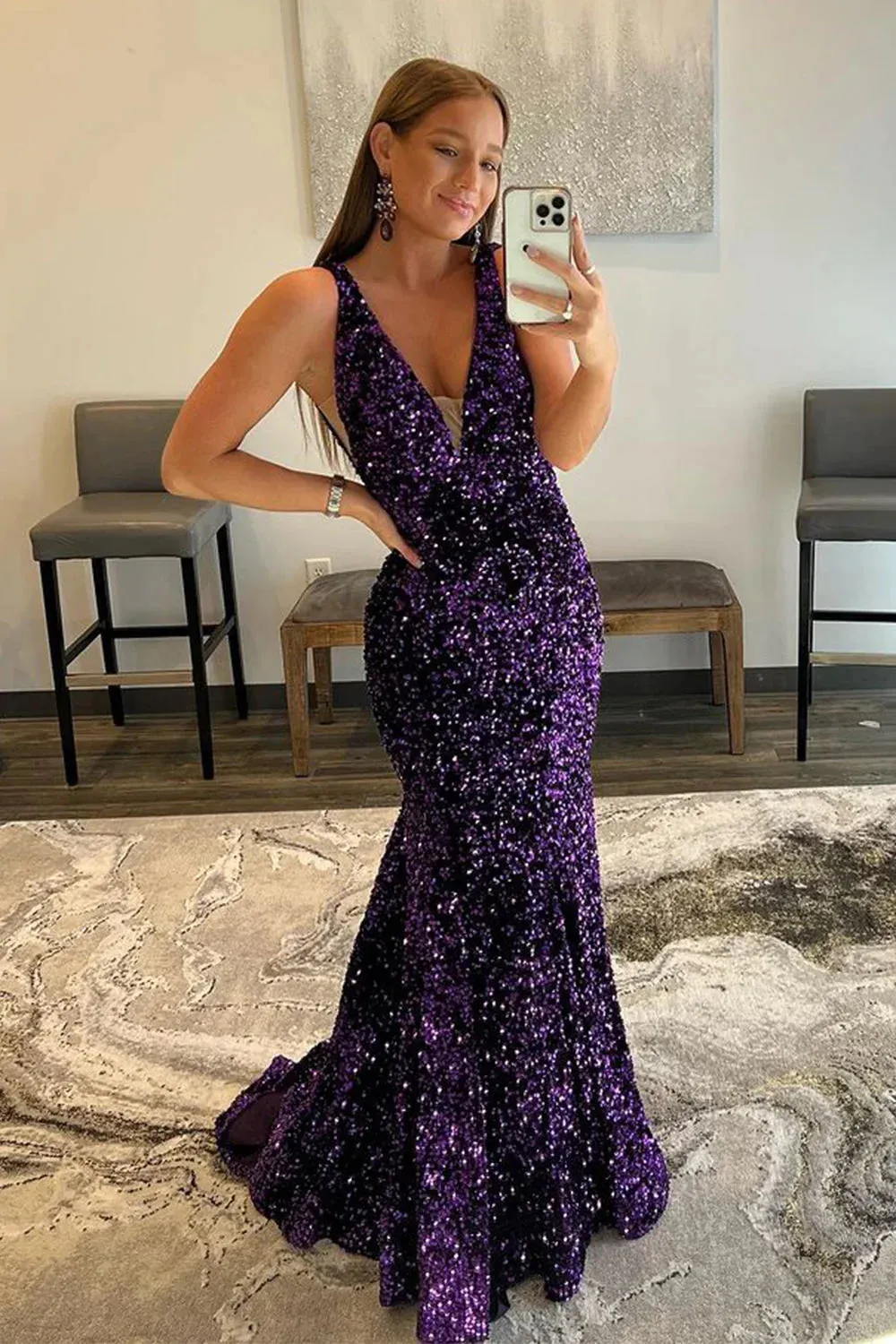 Shiny Sequin Prom Dresses Blue Long V Neck Evening Dresses UK