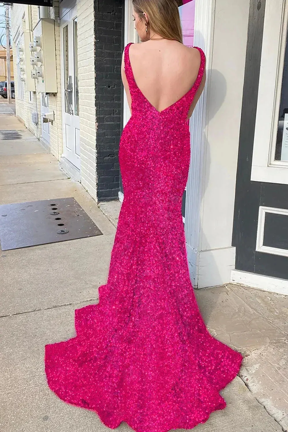Shiny Sequin Prom Dresses Blue Long V Neck Evening Dresses UK