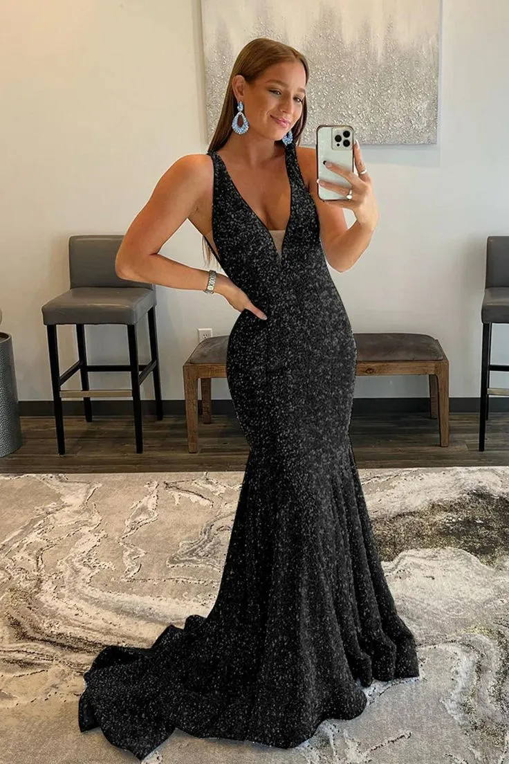 Shiny Sequin Prom Dresses Blue Long V Neck Evening Dresses UK