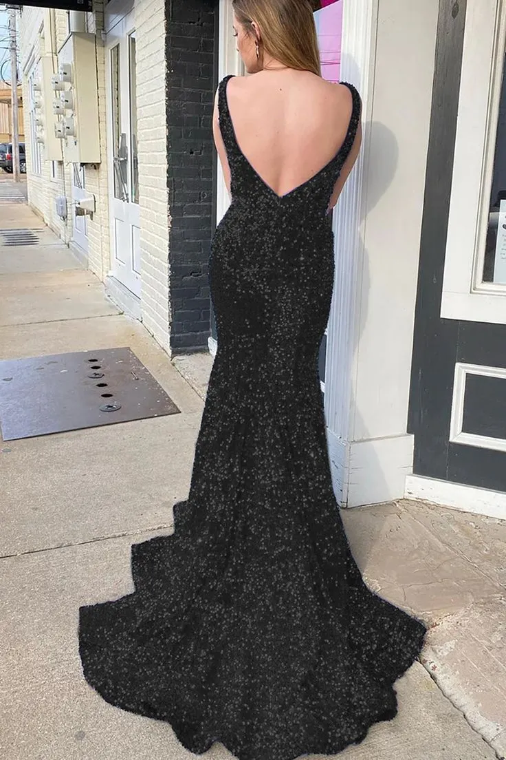 Shiny Sequin Prom Dresses Blue Long V Neck Evening Dresses UK