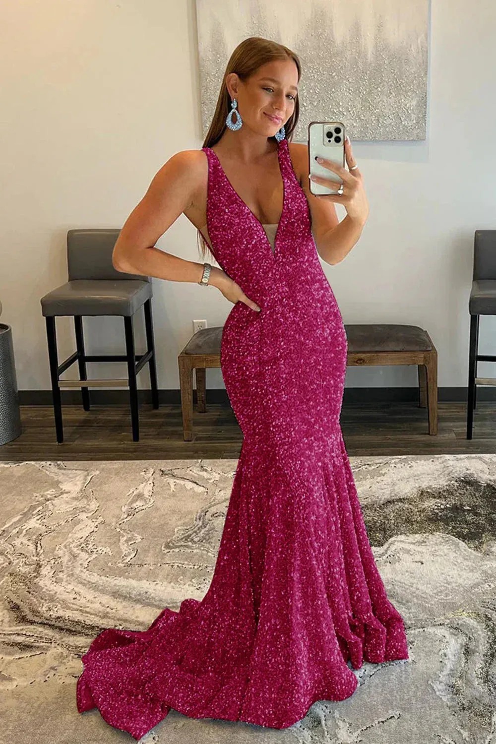 Shiny Sequin Prom Dresses Blue Long V Neck Evening Dresses UK