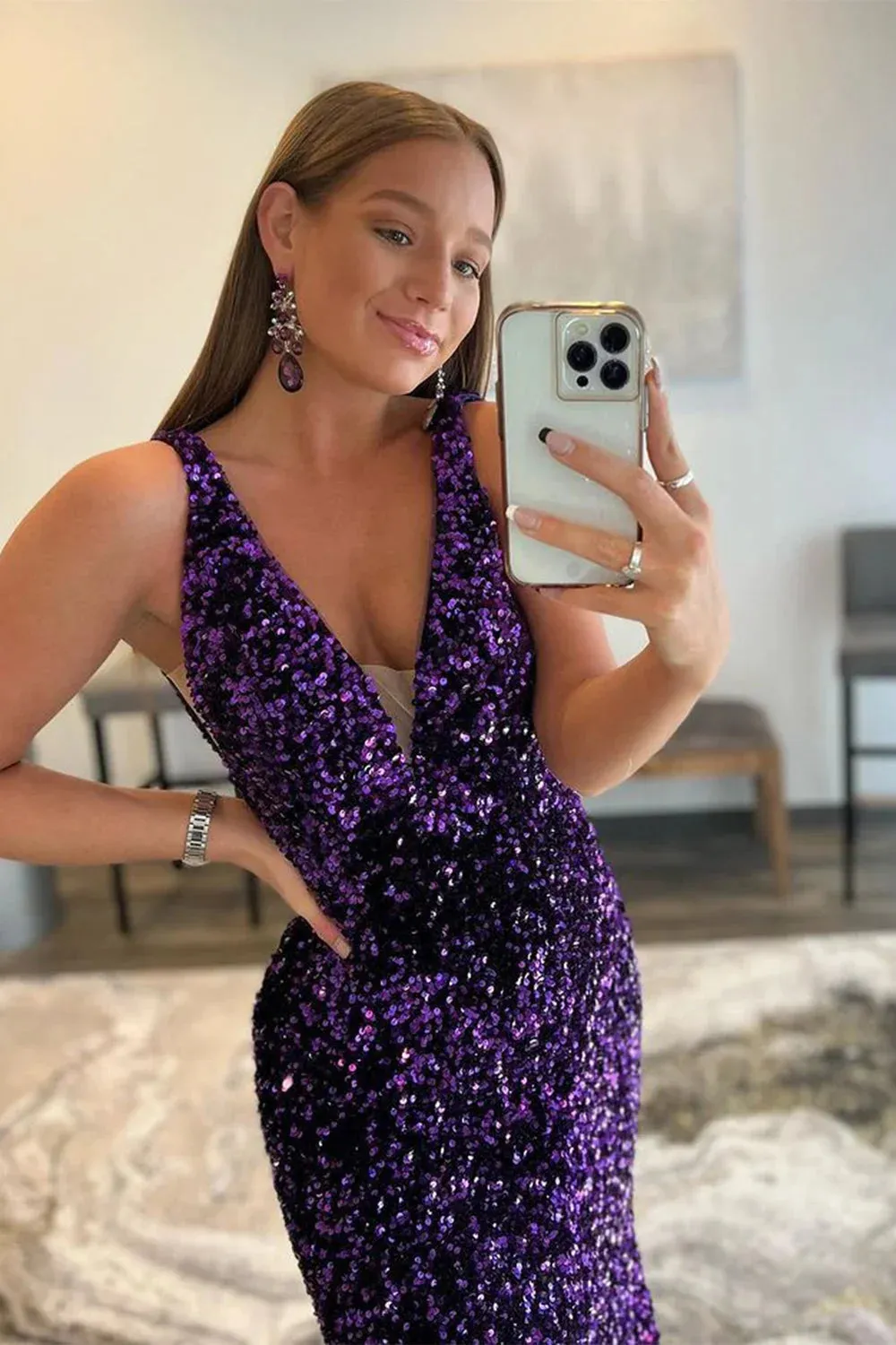 Shiny Sequin Prom Dresses Blue Long V Neck Evening Dresses UK