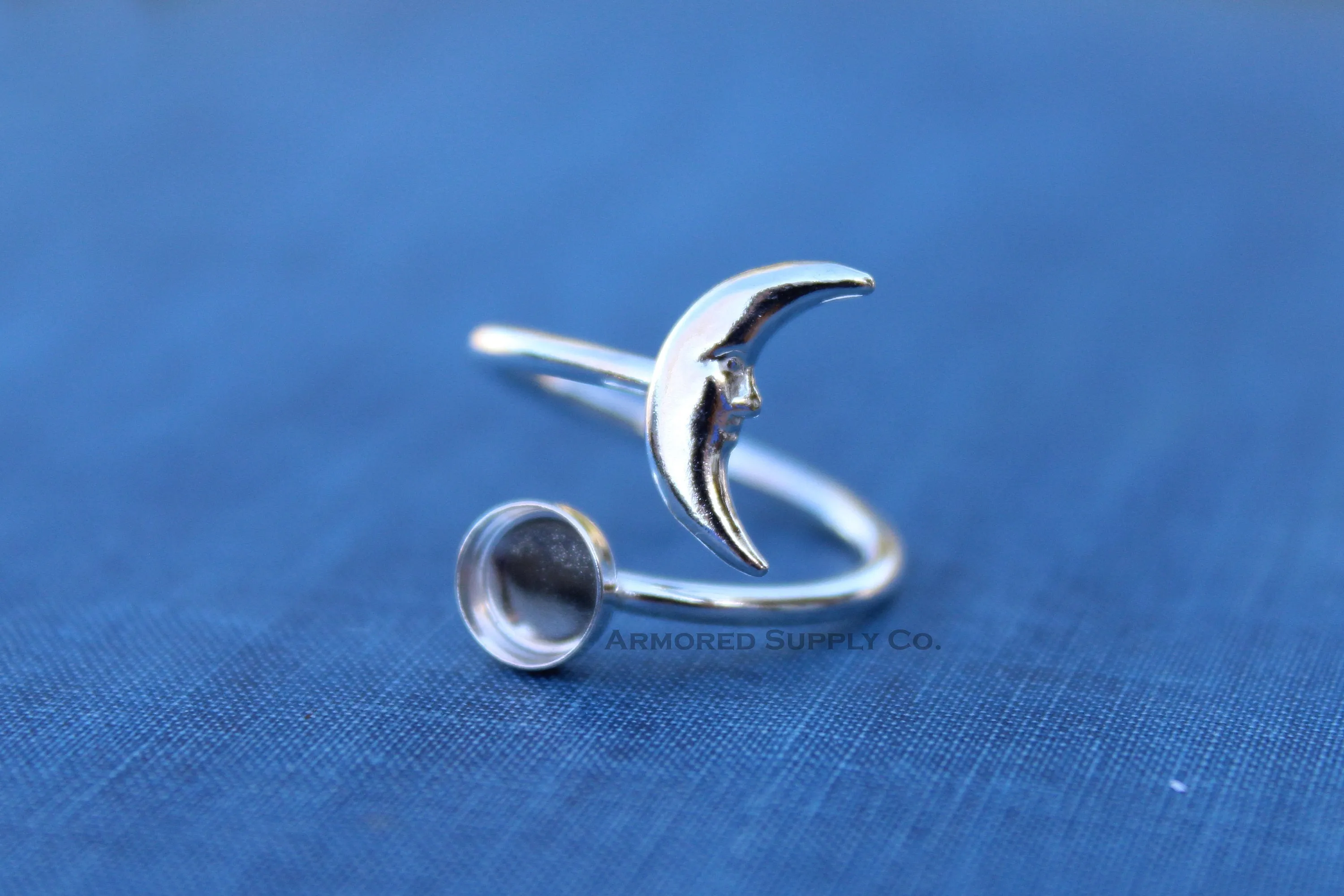 Silver 10mm Round Crescent Moon Wrap Bypass Adjustable Ring blank