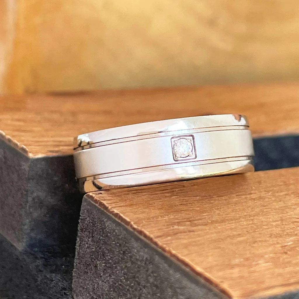 Silver Central Matte and Polished Band Solitaire Cubic Zirconia Band