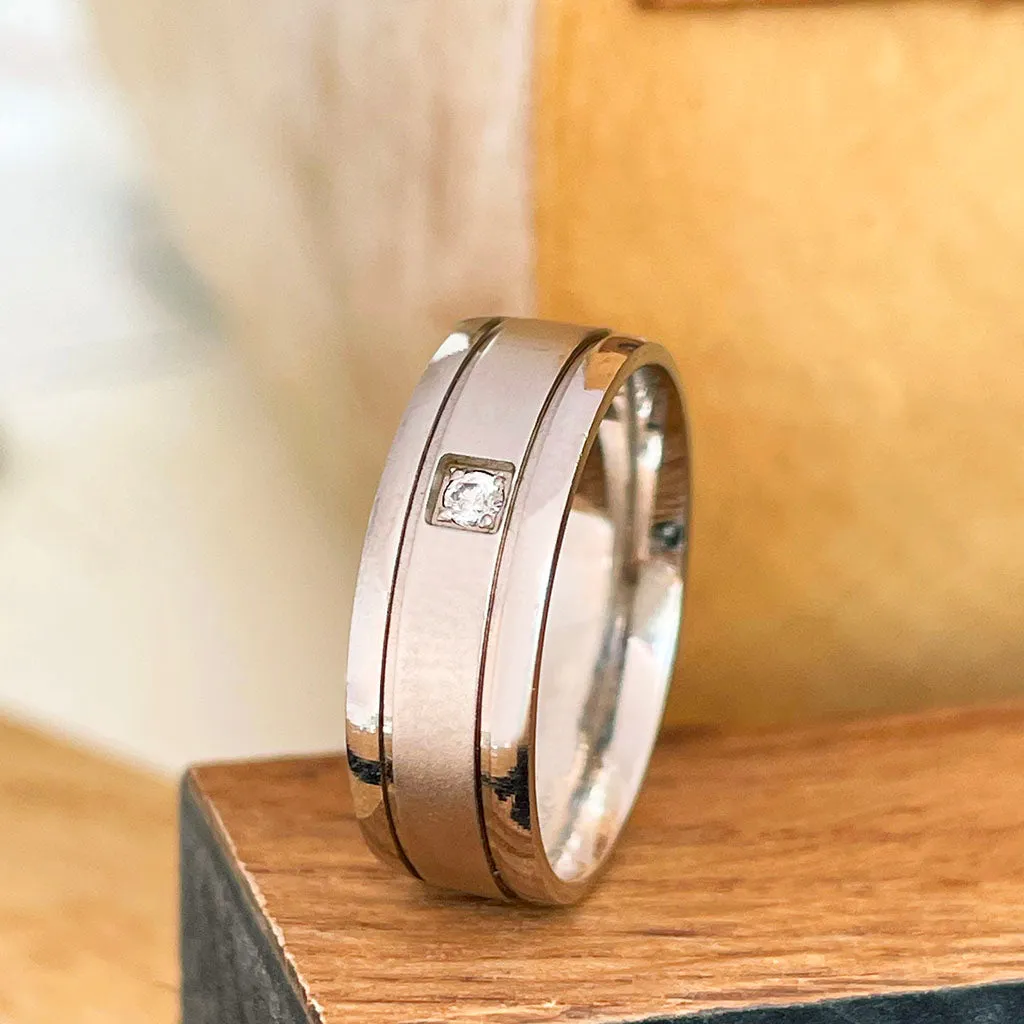 Silver Central Matte and Polished Band Solitaire Cubic Zirconia Band