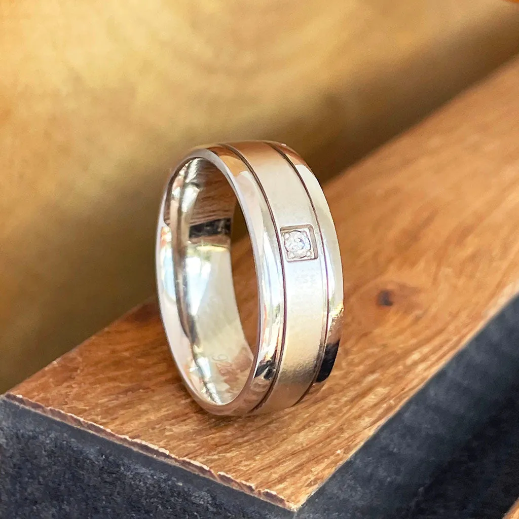 Silver Central Matte and Polished Band Solitaire Cubic Zirconia Band