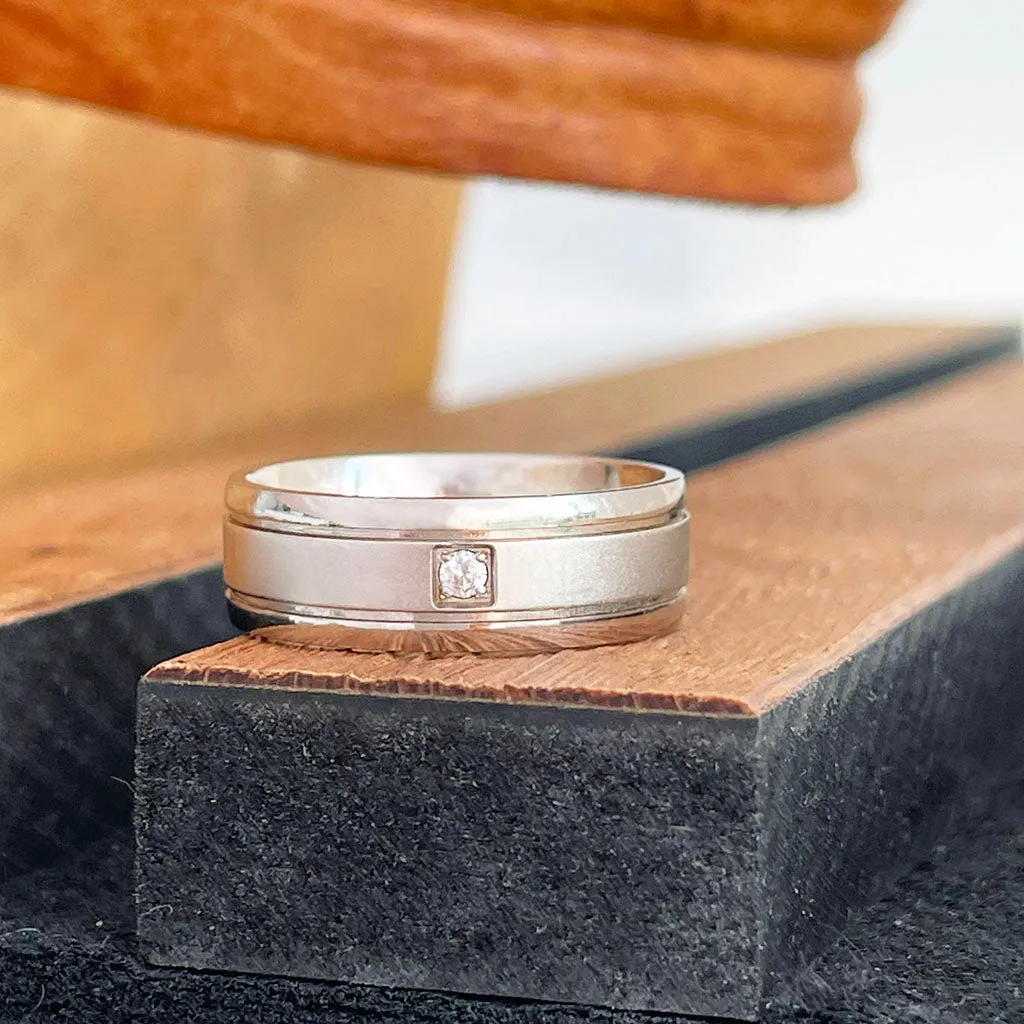 Silver Central Matte and Polished Band Solitaire Cubic Zirconia Band