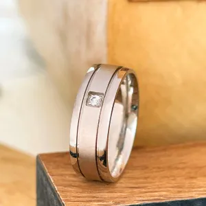 Silver Central Matte and Polished Band Solitaire Cubic Zirconia Band